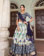 Navy Blue & White Tussar Silk Lehenga Set With Perfect Floral And Patola Print With Dupatta