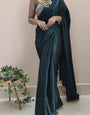 Intricate 1 Minute Ready To Wear Dark Blackish Green Satin Silk Saree