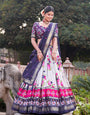 Navy Blue & White Tusser Silk Lehenga Choli With Intricate Print And Dupatta