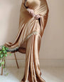 Pretty 1 Minute Ready To Wear Golden Brown Satin Silk Saree