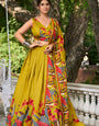 Mustard Yellow Tusser Silk Floral Print Lehenga Choli with Dupatta