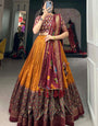 Mustard Yellow Tussar Silk Kalamkari Print Lehenga Choli With Dupatta And Foil Work Border