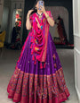 Purple & Pink Tussar Silk Kalamkari Print Lehenga Choli With Dupatta And Foil Work Border