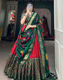 Red & Green Tussar Silk Kalamkari Print Lehenga Choli With Dupatta And Foil Work Border