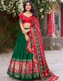 Elegant Green & Red Tussar Silk Sophisticated Foil Work Border Kalamkari Lehenga Choli