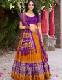 Mustard & Purple Tussar Silk Sophisticated Foil Work Border Kalamkari Lehenga Choli