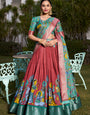 Rust Red & Teal Blue Tussar Silk Lehenga Choli With Dupatta