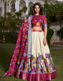 White & Magenta Tussar Silk Lehenga Choli With Dupatta