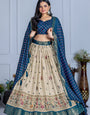 Elegant Beige And Blue Lichi Fabric WIth Jacquard Border Printed Lehenga Choli Set