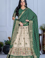 Elegant Beige And Green Lichi Fabric WIth Jacquard Border Printed Lehenga Choli Set