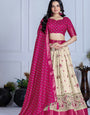 Elegant Beige And Pink Lichi Fabric WIth Jacquard Border Printed Lehenga Choli Set