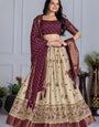 Elegant Beige And Wine Lichi Fabric WIth Jacquard Border Printed Lehenga Choli Set