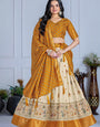 Elegant Beige And Mustard Yellow Lichi Fabric WIth Jacquard Border Printed Lehenga Choli Set