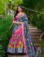 Pink & Blue Artistic Printed Tusser Silk Lehenga Choli Set