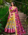 Mustard Yellow & Pink Artistic Printed Tusser Silk Lehenga Choli Set