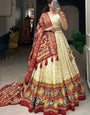 Gorgeous Beige Bandhej Tusser Silk Lehenga Choli With Multicolor Dupatta