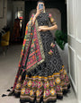 Elegant Black Bandhej Tusser Silk Lehenga Choli With Multicolor Dupatta