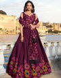 Designer Wine Tusser Silk Lehenga Choli With Intricate Print And Dupatta