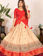 Mesmeric Beige & Red Tusser Silk Lehenga Choli with Dupatta