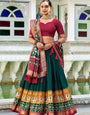 Ailurophile Green & Maroon Tusser Silk Lehenga Choli With Dupatta