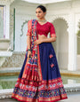 Comely Navy Blue & Red Tusser Silk Lehenga Choli With Dupatta