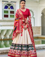 Comely White & Red Tusser Silk Lehenga Choli With Dupatta