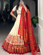 Eloquence White & Red Tusser Silk Lehenga Choli With Dupatta