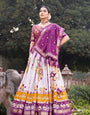 Purple & White Tusser Silk Lehenga Choli With Intricate Print And Dupatta