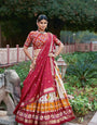 Red & Cream Tusser Silk Lehenga Choli With Intricate Print And Dupatta