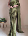 Fugacious 1 Minute Ready To Wear Olive Green Satin Silk Saree