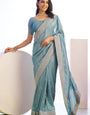 Beauteous Sky Blue Embroidery Work Premium Vichitra Silk Saree With Blouse Piece