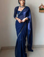 Comely 1 Minute Ready To Wear Navy Blue Georgette Hand Work Saree