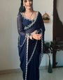 Vestigial 1 Minute Ready To Wear Navy Blue Georgette Hand Work Saree