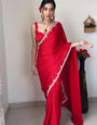Smashing 1 Minute Ready To Wear Red Satin Silk Hand Work Saree