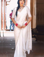 An insanely 1 Minute Ready To Wear White Satin Silk Hand Work Saree