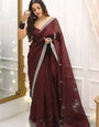 Enthralling 1 Minute Ready To Wear Brown Organza Embroidery Border Work Saree