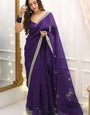 Beauteous 1 Minute Ready To Wear Purple Organza Embroidery Border Work Saree