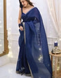 Elegant 1 Minute Ready To Wear Navy Blue Organza Embroidery Border Work Saree