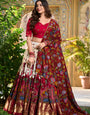 Red & Cream Printed Lehenga Choli with Dupatta & Golden Zari Border