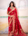 Girlish Red Satin Tissue Silk Zari Weaving Saree With Blouse Piece