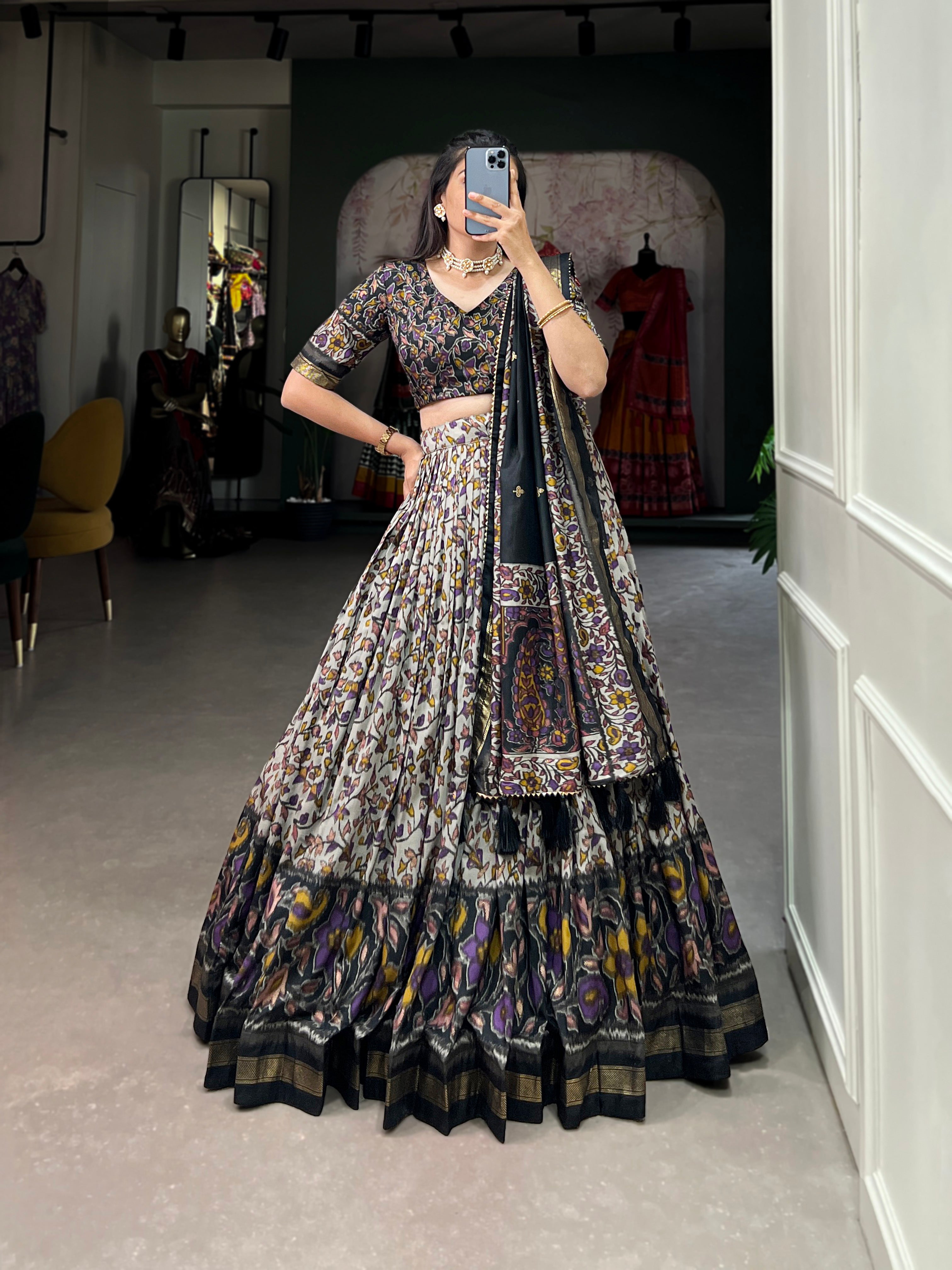 Black Floral Embroidered Tussar silk Lehenga Choli with Dupatta