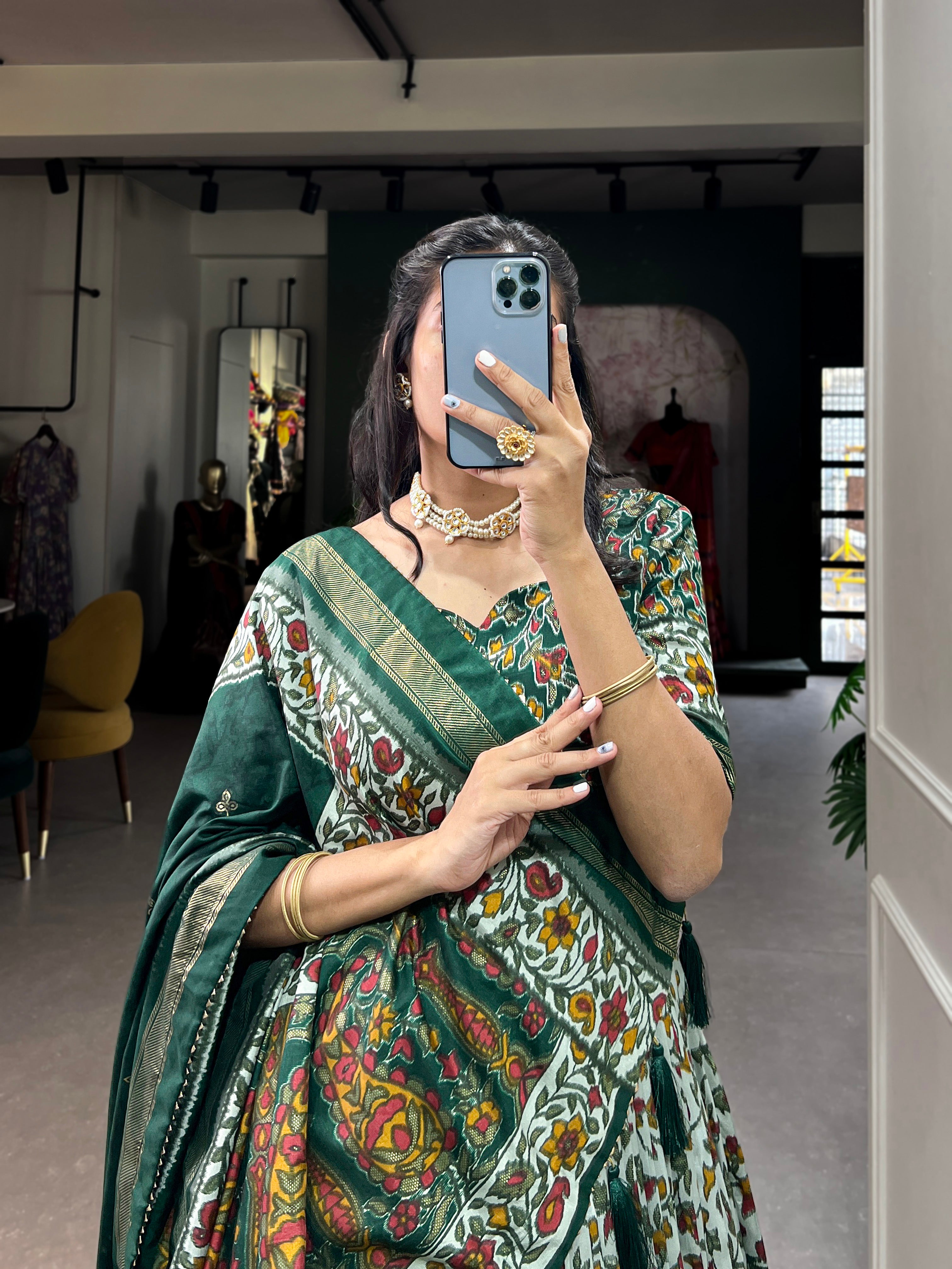 Green Multicolor Floral Embroidered Tussar silk Lehenga Choli with Dupatta