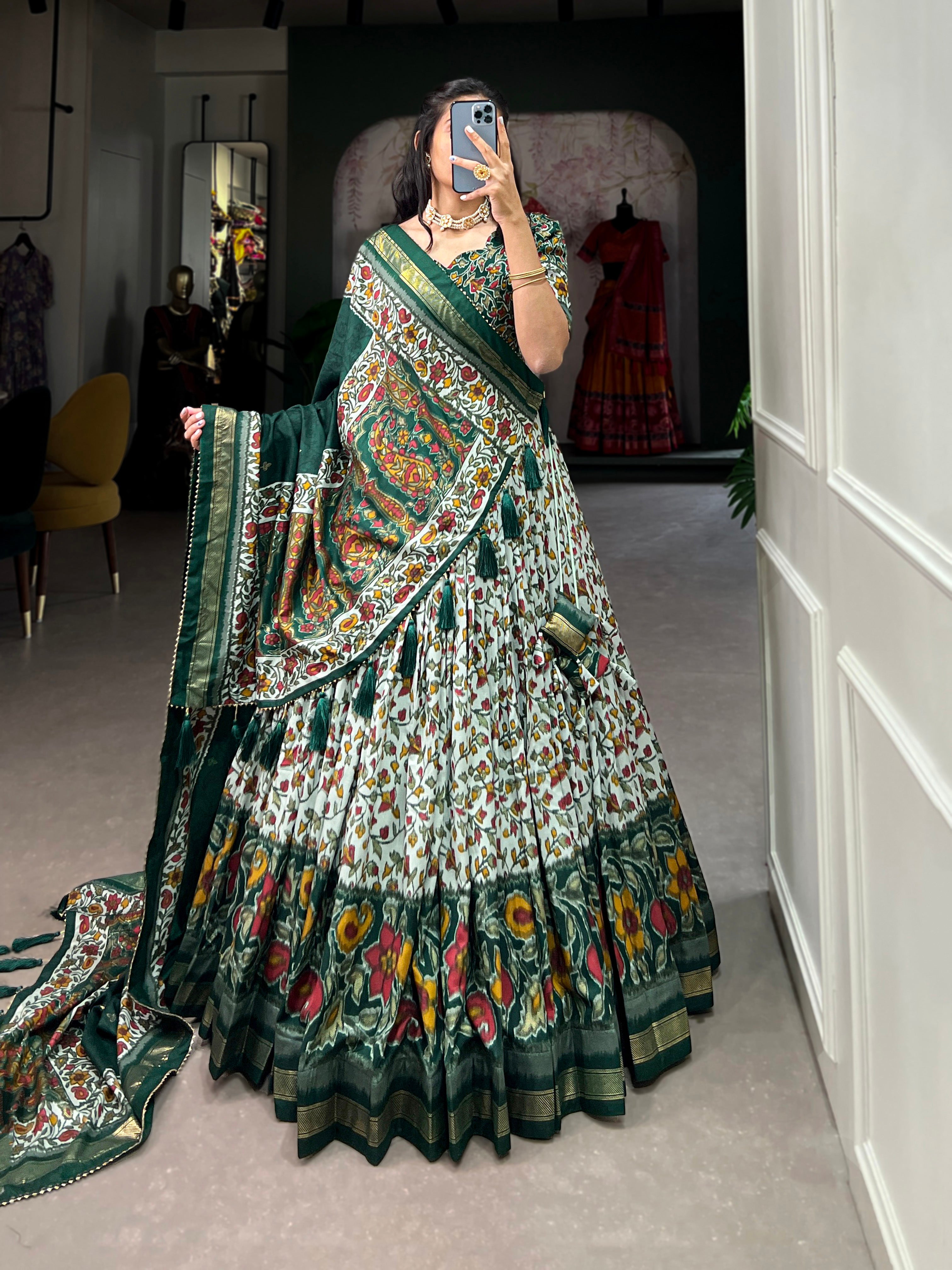 Green Multicolor Floral Embroidered Tussar silk Lehenga Choli with Dupatta