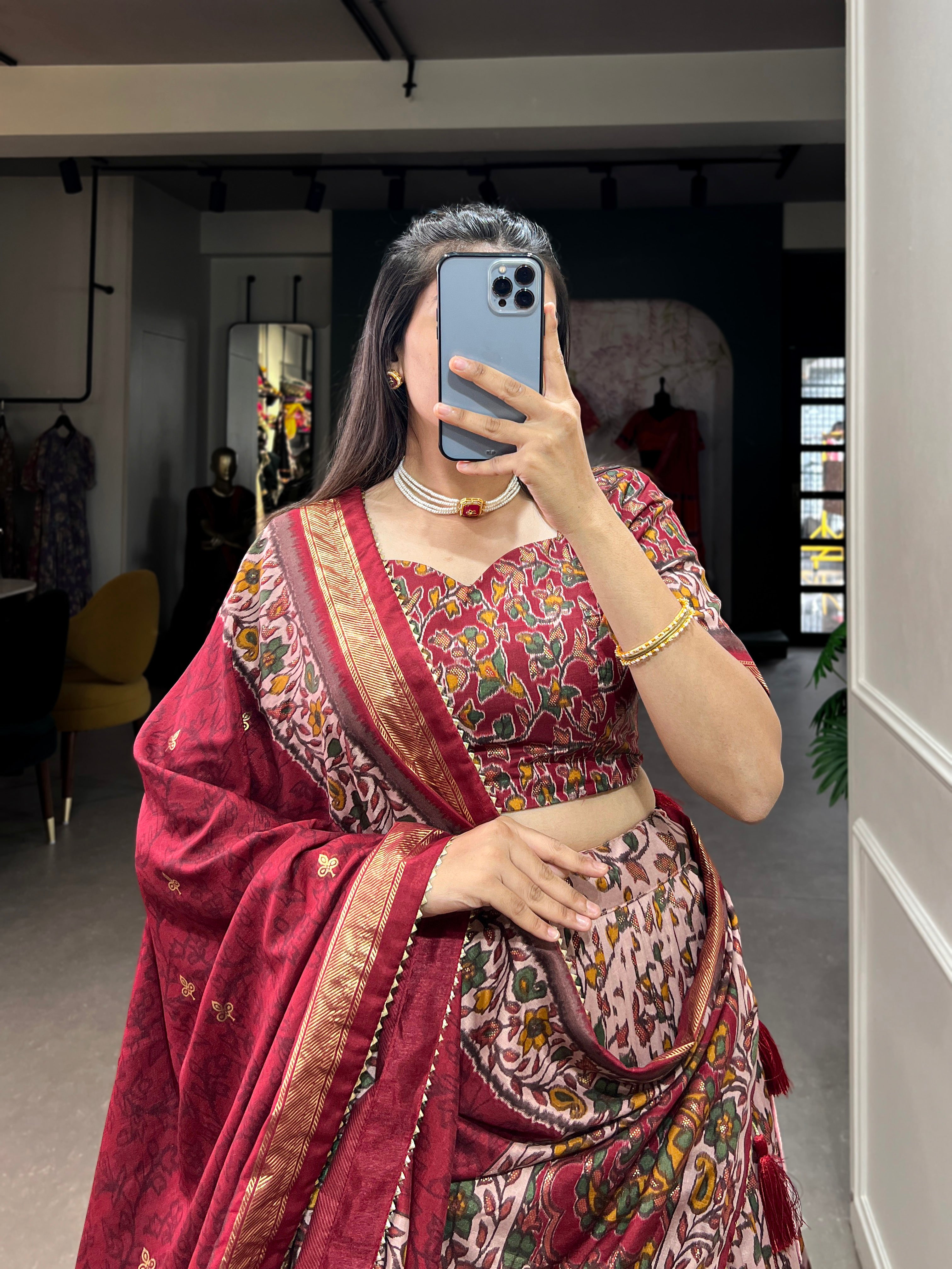 Maroon & Pink Floral Embroidered Tussar silk Lehenga Choli with Dupatta