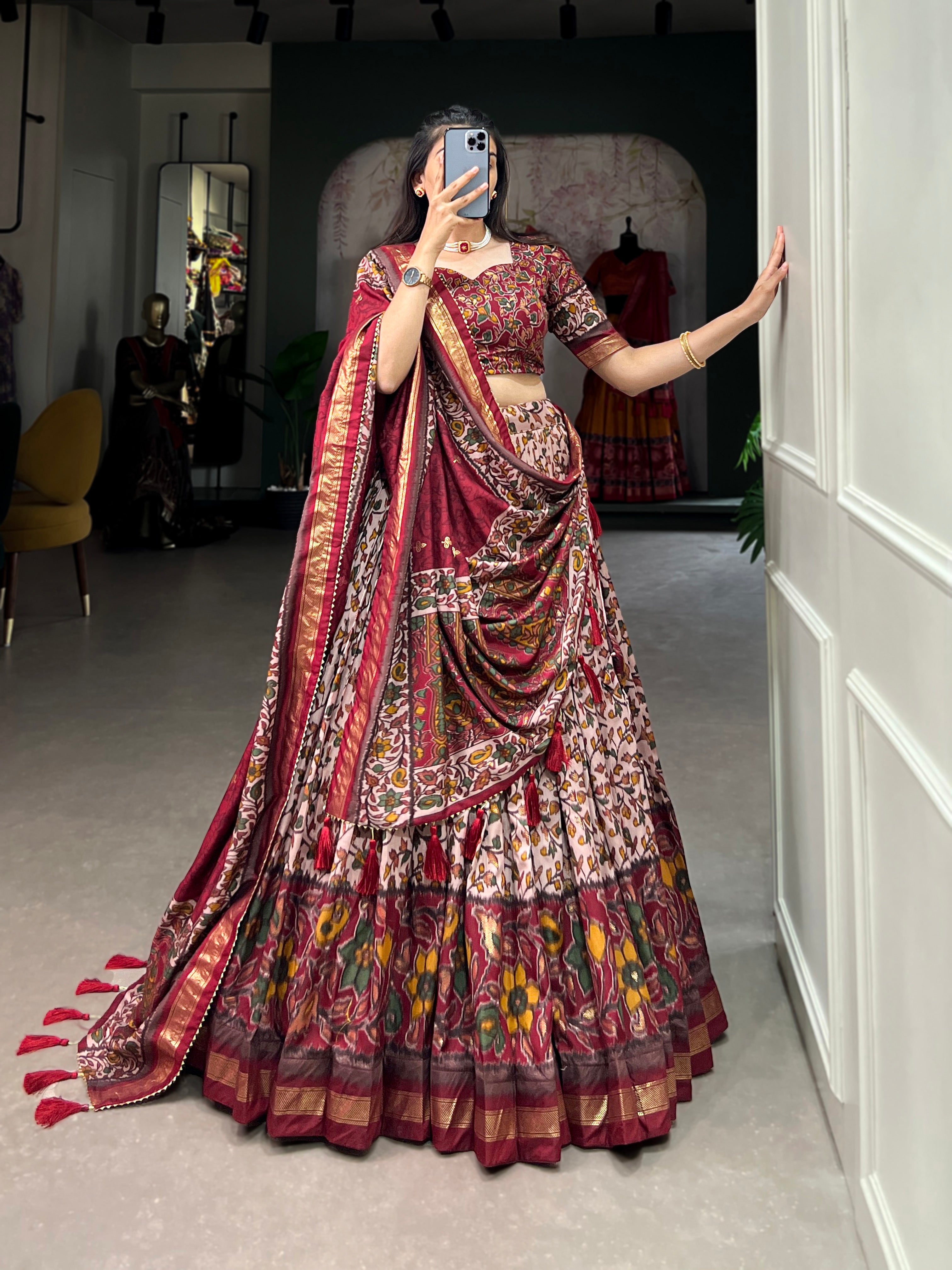 Maroon & Pink Floral Embroidered Tussar silk Lehenga Choli with Dupatta