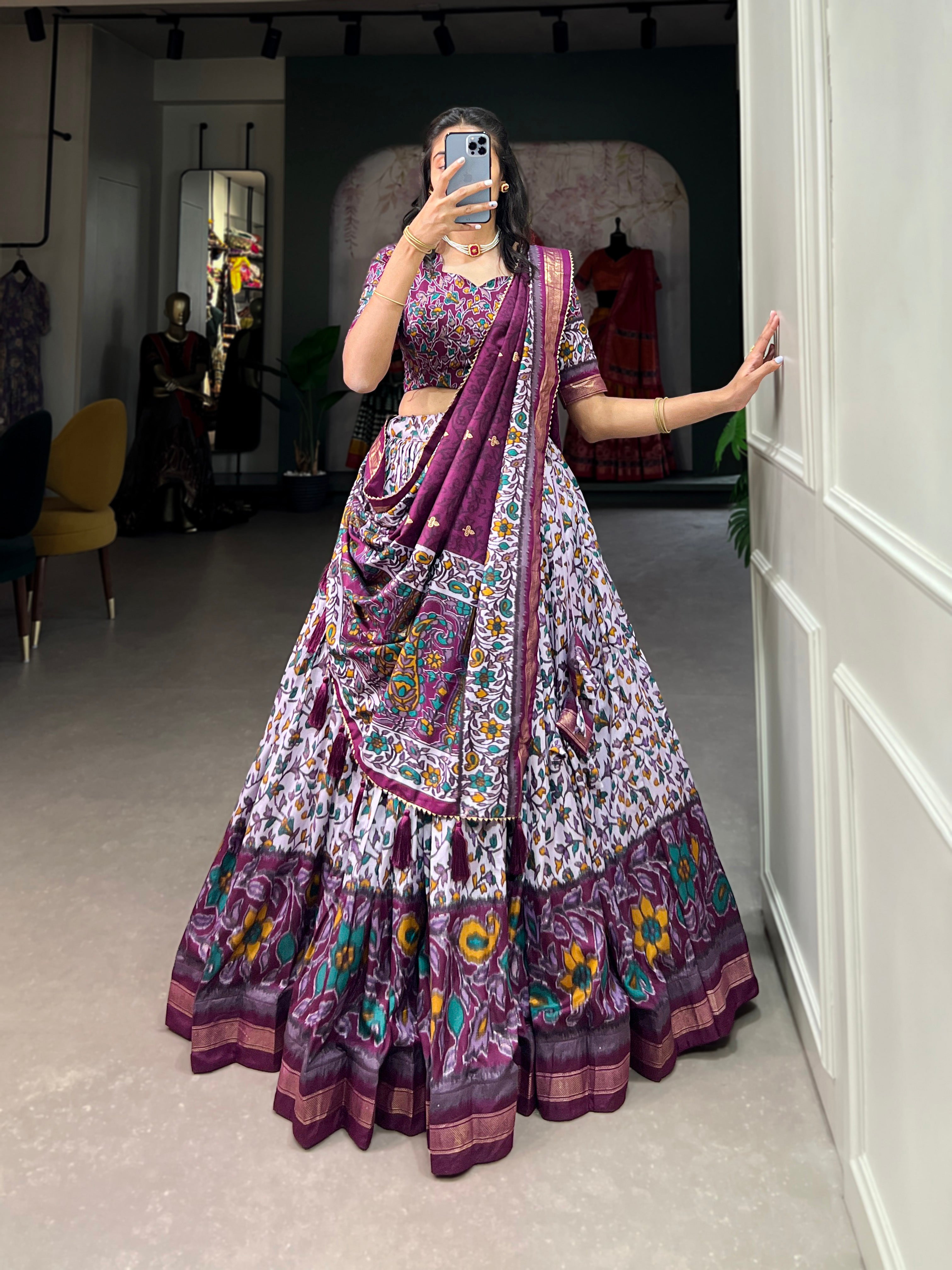 Purple & Multicolor Floral Embroidered Tussar silk Lehenga Choli with Dupatta