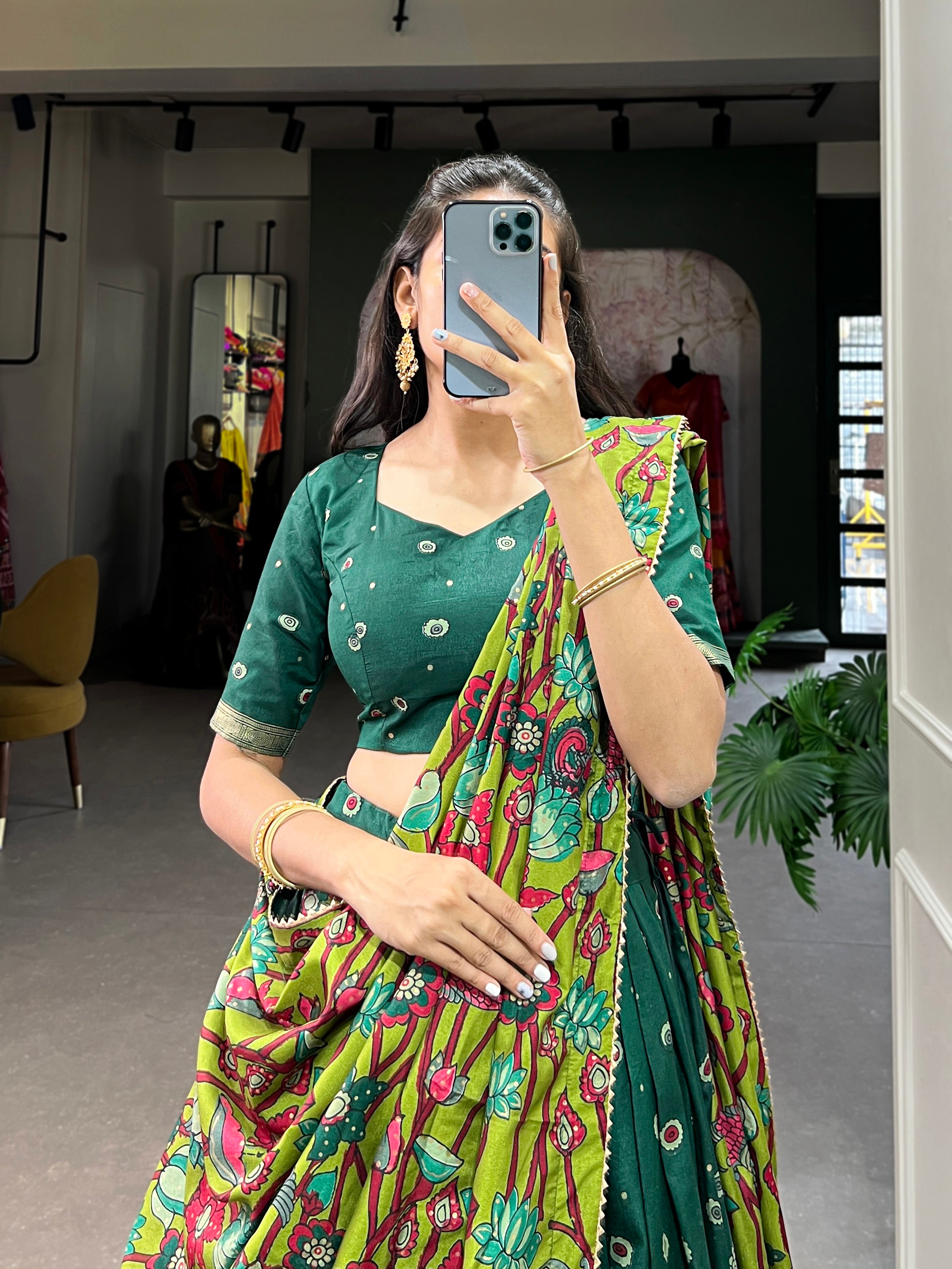 Elegant Green Printed Lehenga Choli with Dupatta & Golden Zari Border