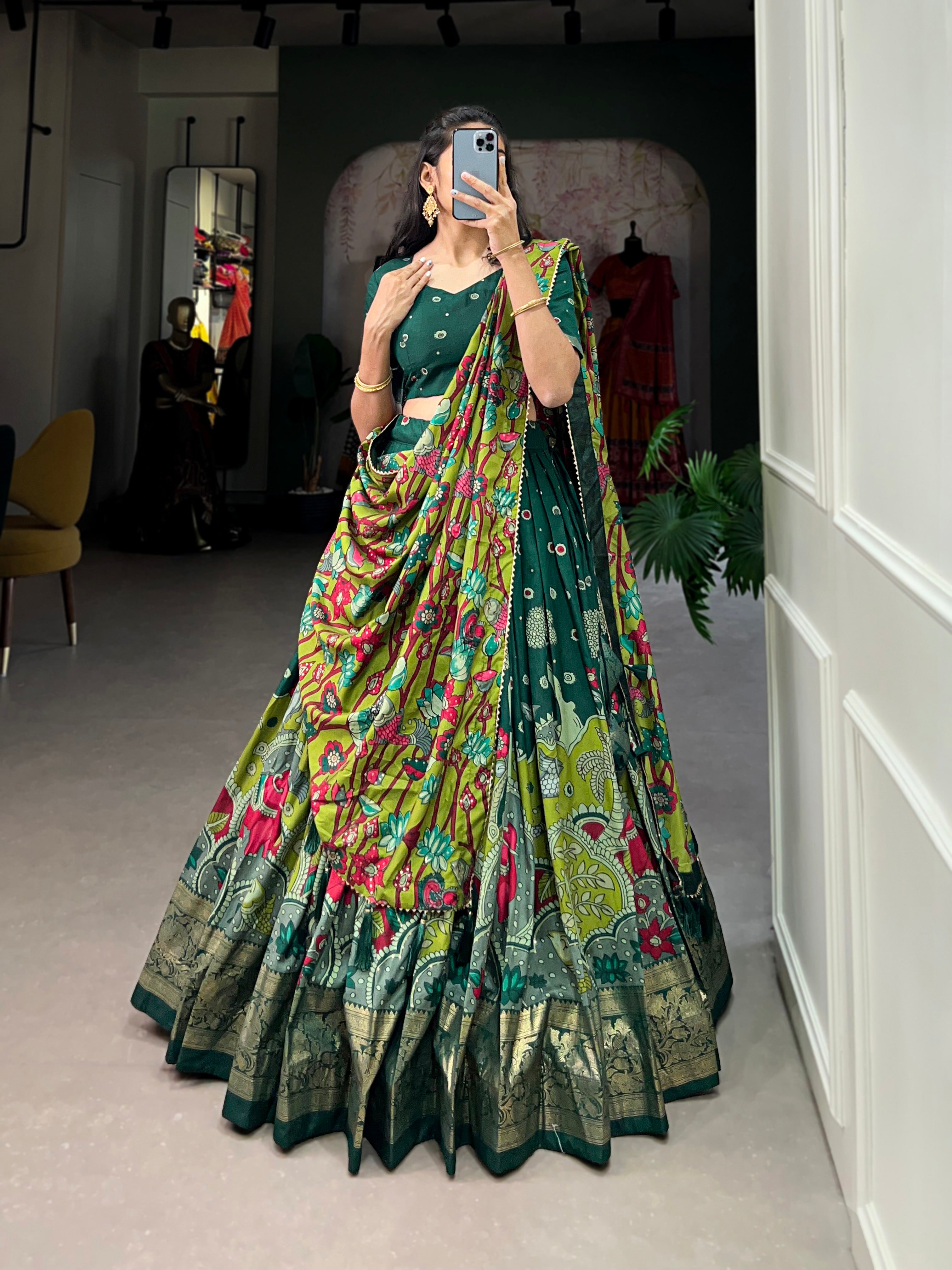 Elegant Green Printed Lehenga Choli with Dupatta & Golden Zari Border