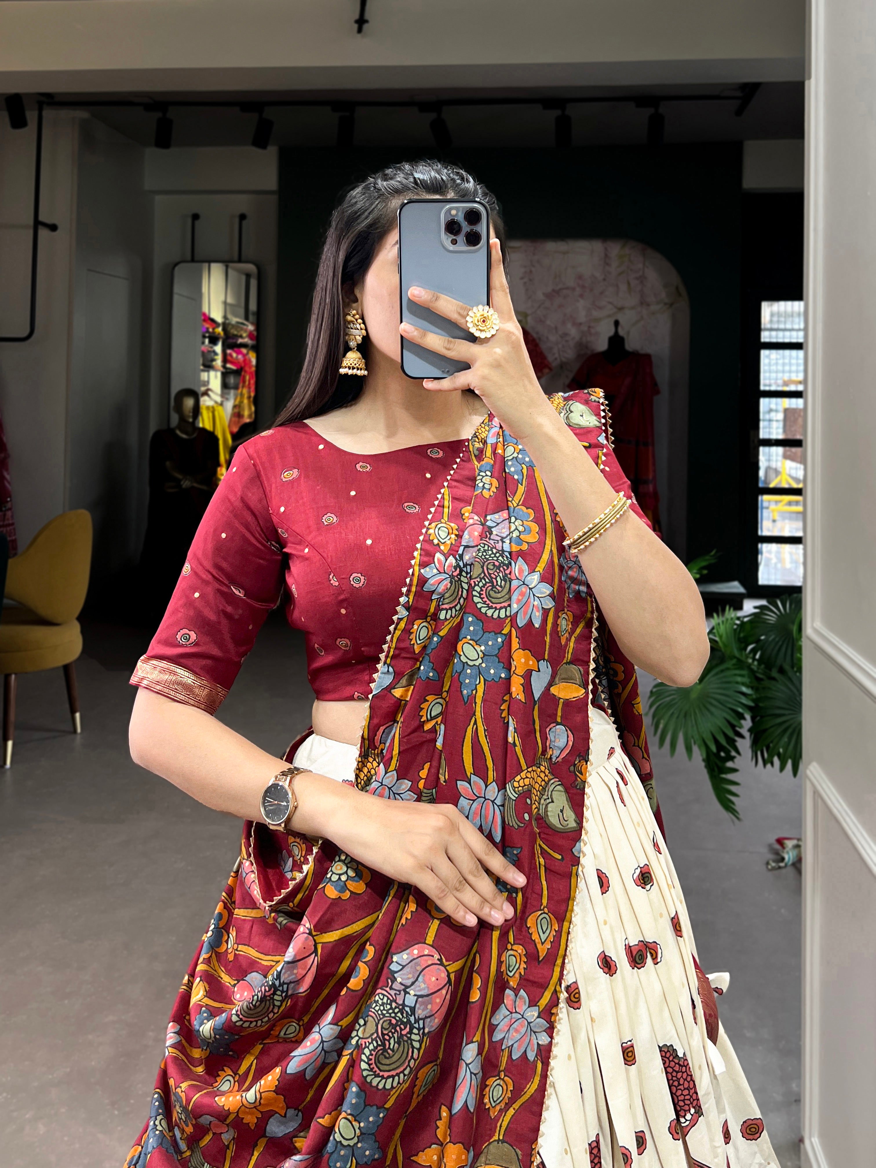 Red & Cream Printed Lehenga Choli with Dupatta & Golden Zari Border