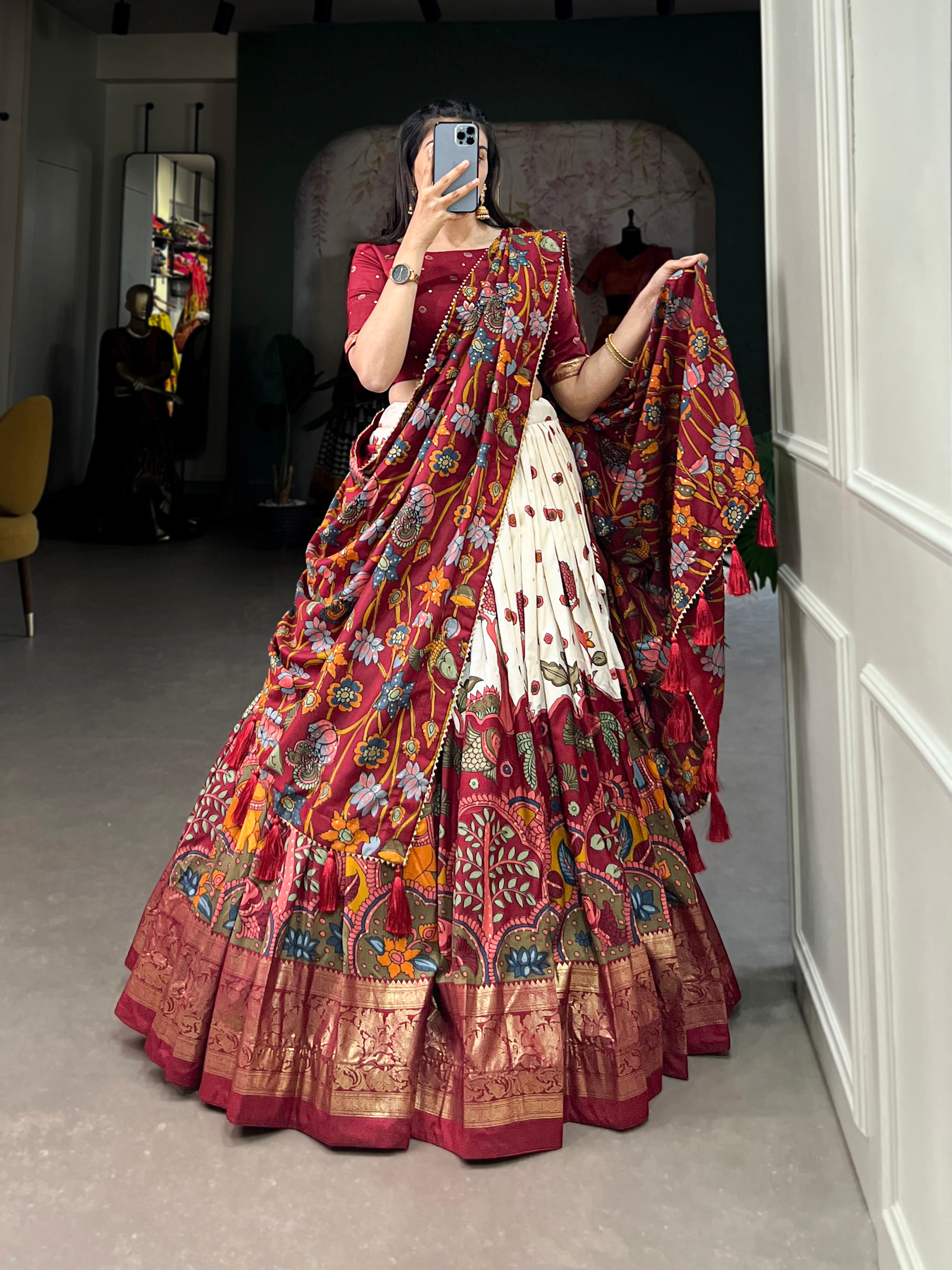 Red & Cream Printed Lehenga Choli with Dupatta & Golden Zari Border